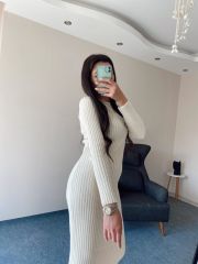 Krem Midi Boy Triko Elbise