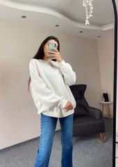 Beyaz Üç İplik Şardonlu Unisex Oversize Sweatshirt