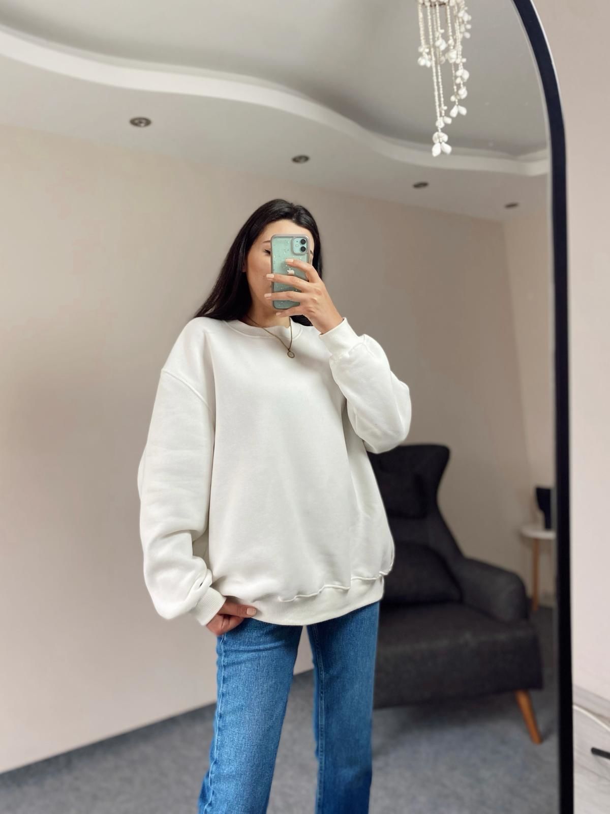Beyaz Üç İplik Şardonlu Unisex Oversize Sweatshirt