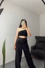 Tek Omuz Boncuk Askılı Siyah Triko Crop Body