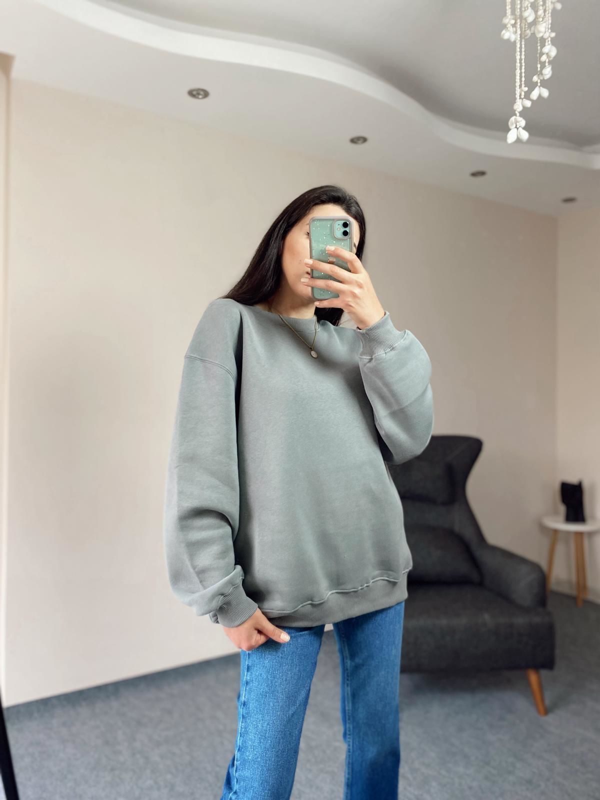 Gri Üç İplik Şardonlu Unisex Oversize Sweatshirt
