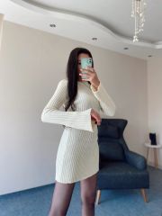 Krem Mini Triko Elbise