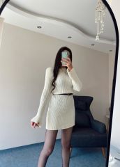 Krem Mini Triko Elbise