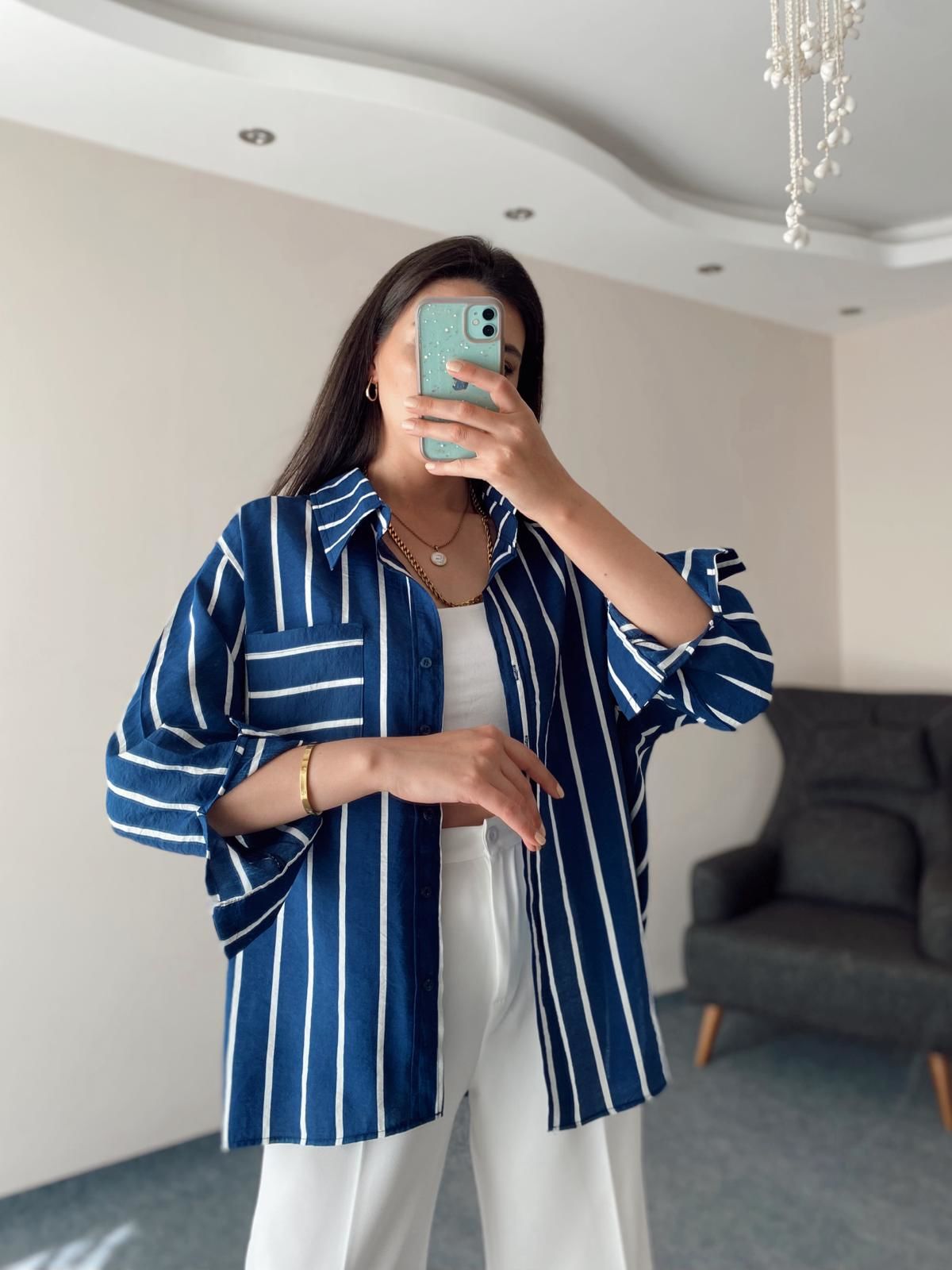 Lacivert Çizgili Oversize Pamuk Gömlek