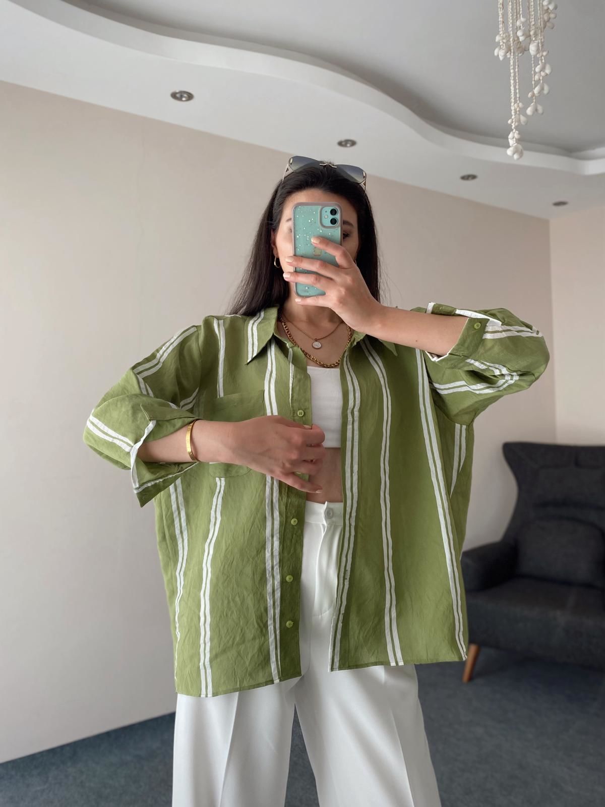 Yeşil Çizgili Oversize Pamuk Gömlek