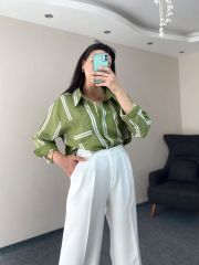 Yeşil Çizgili Oversize Pamuk Gömlek