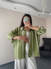 Yeşil Çizgili Oversize Pamuk Gömlek