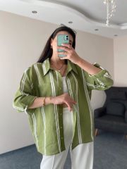 Yeşil Çizgili Oversize Pamuk Gömlek
