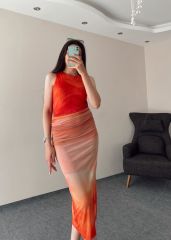Bel Büzgülü Astarlı Renk Geçişli Midi Boy Tül Elbise