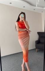 Bel Büzgülü Astarlı Renk Geçişli Midi Boy Tül Elbise