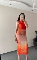 Bel Büzgülü Astarlı Renk Geçişli Midi Boy Tül Elbise