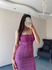 Pembe Bürümcük Yırtmaçlı Askılı Elbise