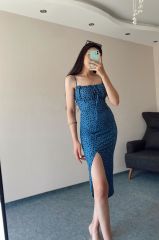 Mavi Bürümcük Yırtmaçlı Askılı Elbise