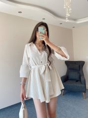 Taş Düğmeli Kuşaklı Gofre Keten Şort Tulum