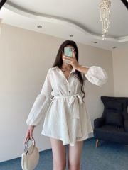 Taş Düğmeli Kuşaklı Gofre Keten Şort Tulum