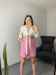 Pembe Şehir Boy Keten Şort