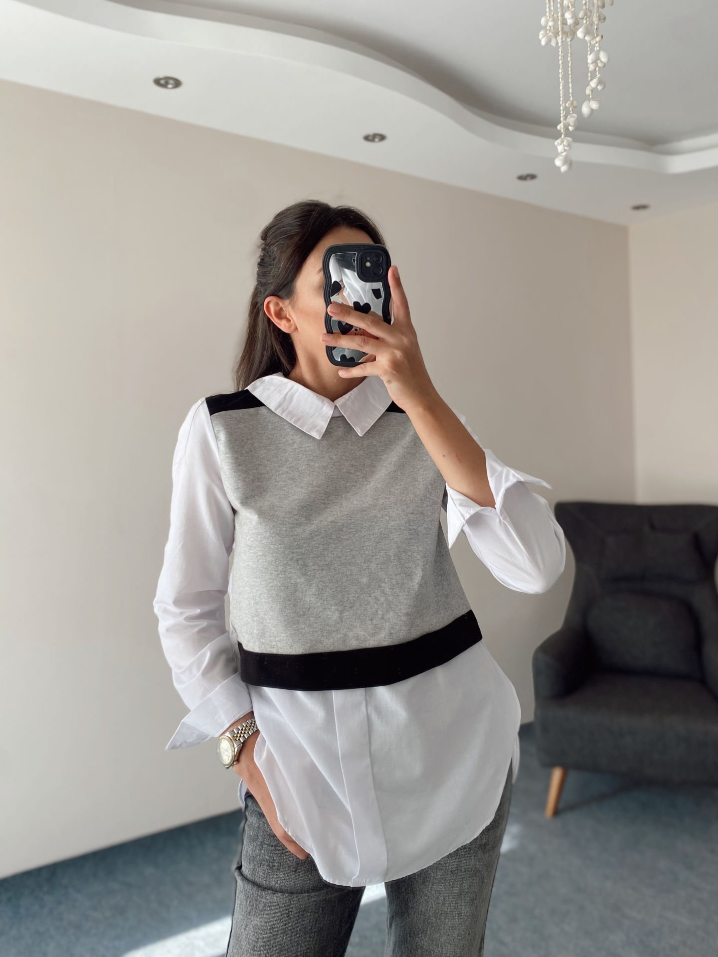 Sweatshirt Detaylı Beyaz Gömlek