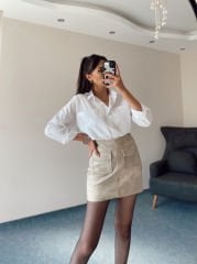 Çift Cepli Astarlı Bej Deri Etek