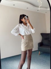 Çift Cepli Astarlı Bej Deri Etek