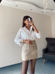 Çift Cepli Astarlı Bej Deri Etek