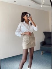 Çift Cepli Astarlı Bej Deri Etek