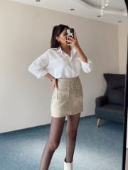 Çift Cepli Astarlı Bej Deri Etek