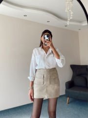 Çift Cepli Astarlı Bej Deri Etek