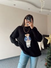 Siyah Ayıcık Nakışlı Kazak