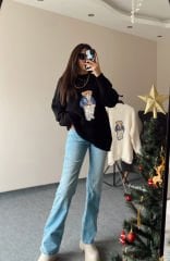 Siyah Ayıcık Nakışlı Kazak