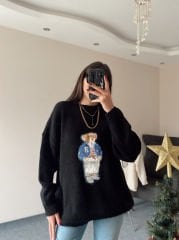 Siyah Ayıcık Nakışlı Kazak