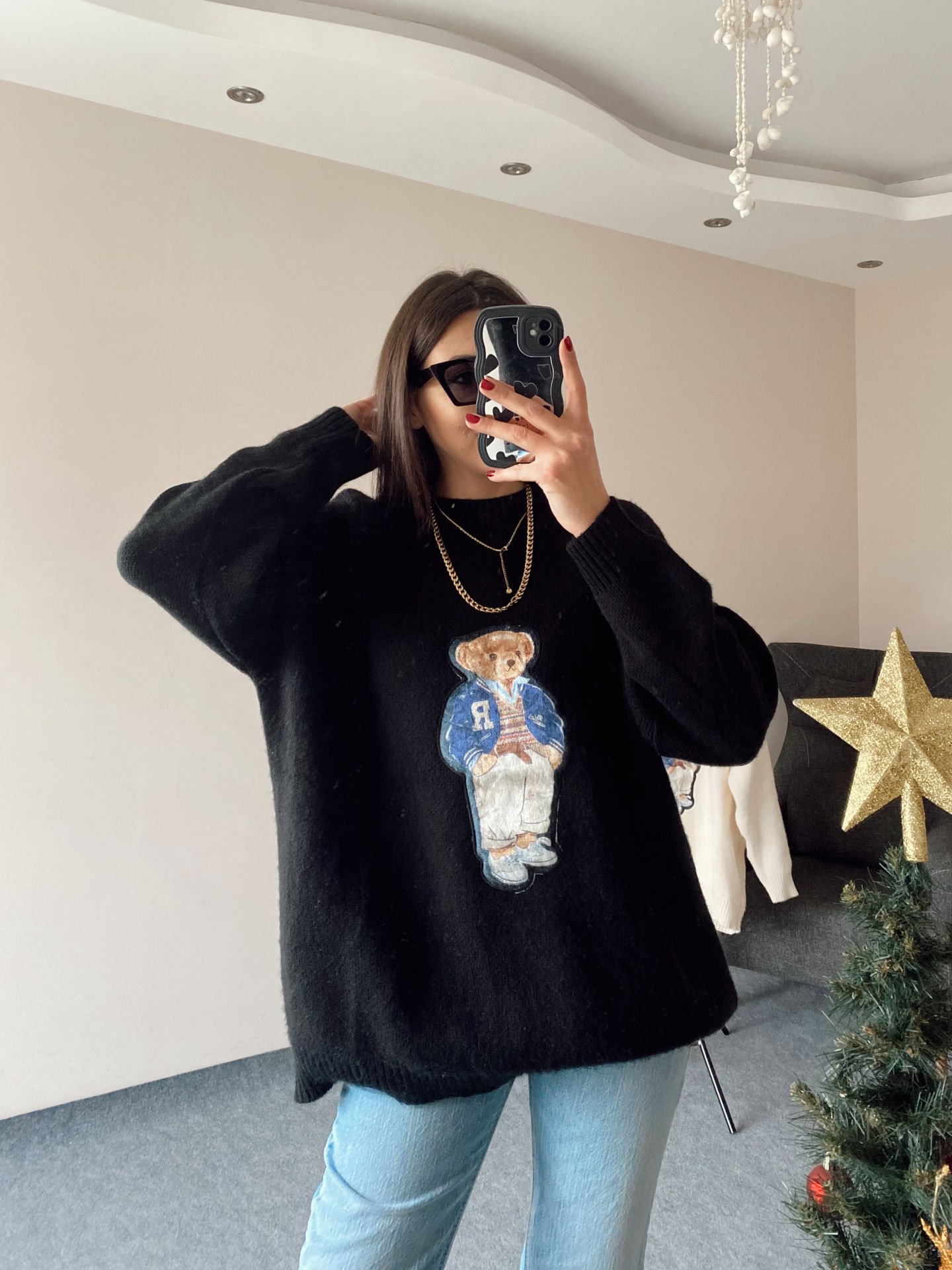 Siyah Ayıcık Nakışlı Kazak