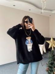 Siyah Ayıcık Nakışlı Kazak