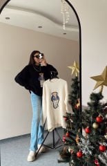 Siyah Ayıcık Nakışlı Kazak