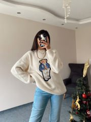 Krem Ayıcık Nakışlı Kazak