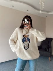 Krem Ayıcık Nakışlı Kazak