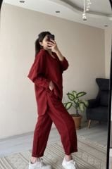 Bordo Keten Kumaş Salaş Takım