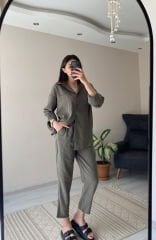 Haki Tensel Kumaş Gömlek Pantolon Takım