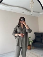 Haki Tensel Kumaş Gömlek Pantolon Takım