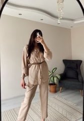 Bej Tensel Kumaş Gömlek Pantolon Takım