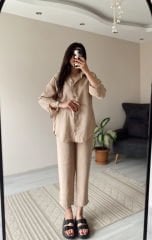 Bej Tensel Kumaş Gömlek Pantolon Takım