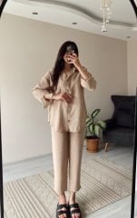 Bej Tensel Kumaş Gömlek Pantolon Takım