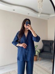 Lacivert Tensel Kumaş Gömlek Pantolon Takım