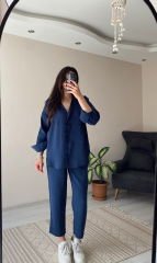 Lacivert Tensel Kumaş Gömlek Pantolon Takım