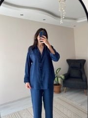 Lacivert Tensel Kumaş Gömlek Pantolon Takım