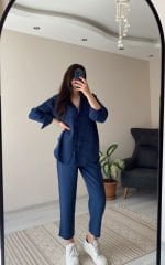 Lacivert Tensel Kumaş Gömlek Pantolon Takım