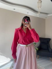 Toz Pembe Tensel Kumaş Cepli Uzun Etek