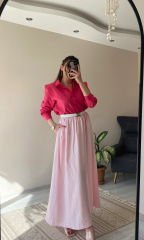 Toz Pembe Tensel Kumaş Cepli Uzun Etek