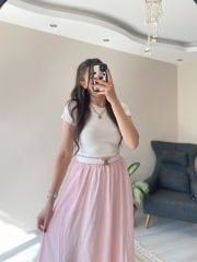 Toz Pembe Tensel Kumaş Cepli Uzun Etek