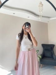 Toz Pembe Tensel Kumaş Cepli Uzun Etek
