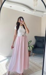 Toz Pembe Tensel Kumaş Cepli Uzun Etek